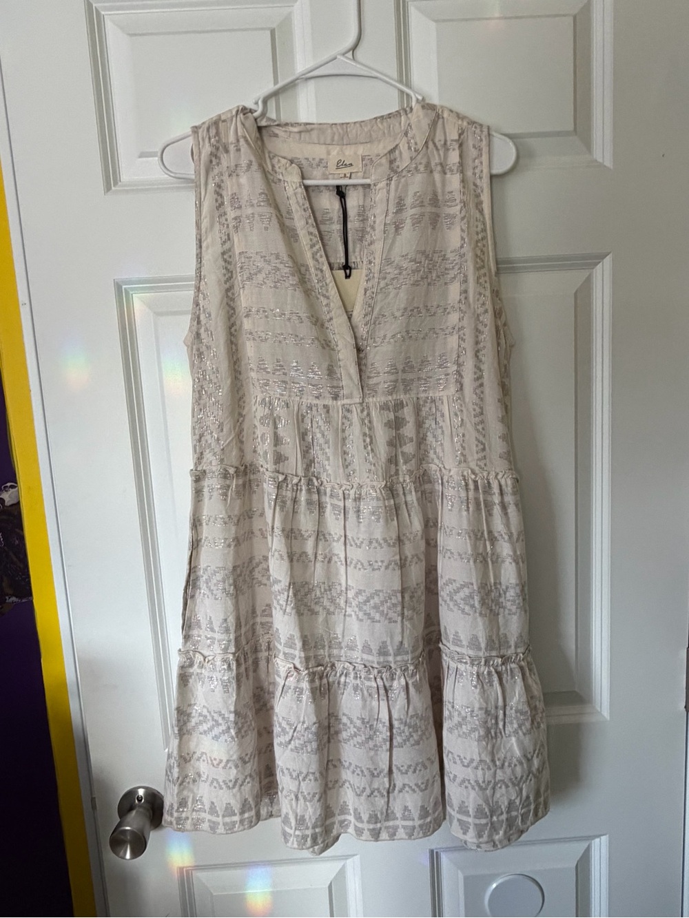Elan Cream & Silver Tiered Sleeveless Mini Dress